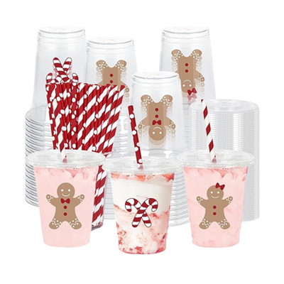 60Pcs Christmas Plastic Cups with Lids Straws